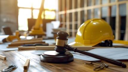 A court gavel and construction helmet sit on top of a table with blurred building structure in the background. Real estate law concept with a building construction project
