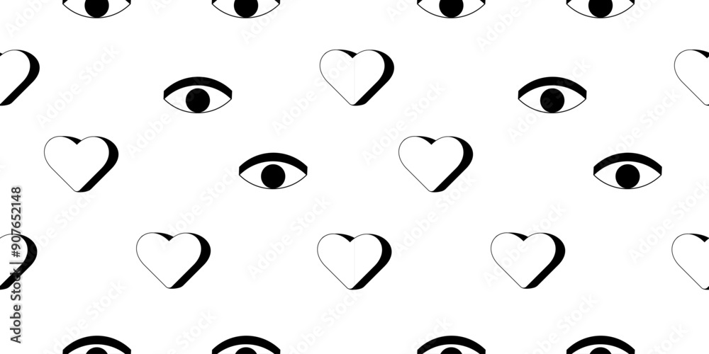 Poster Y2k seamless pattern with hearts and eyes. Psychedelic black and white pattern in 2000s style. Vector illustration on white background.