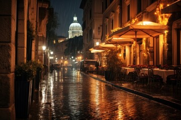 A rain storm night illuminated outdoors lighting.