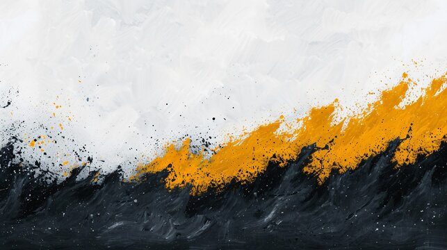 This abstract landscape painting stands out with its bold black, white, and yellow hues, capturing a striking and modern scenery that conveys an energetic and dynamic essence, evoking strong visual e