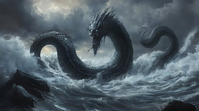 Jörmungandr sea snake illustration, nordic mythology