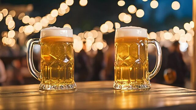 Two frothy beer mugs sit on a table in a lively Oktoberfest beer tent, surrounded by festive lights and cheerful revelers