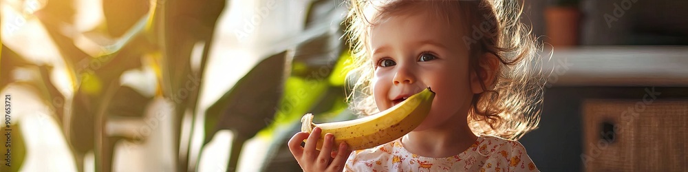 Wall mural the child eats a banana. Selective focus