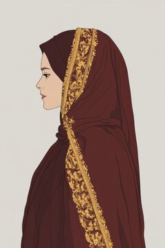 Minimalism illustration, an Algerian woman, wearing a colorful burnous in rich burgundy with gold detailing, traditional fashion, flat illustration on light gray background 