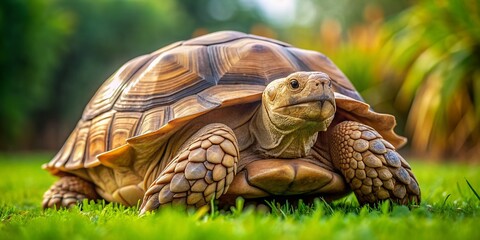 Naklejka premium A majestic African spurred tortoise stands tall on lush green grass, its scaly skin and wise eyes in sharp focus against a soft, blurred background.