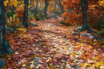 A forest path covered in autumn leaves
