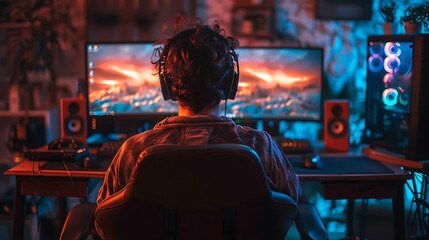 Obraz premium A high-tech gaming setup featuring a male gamer intensely focused on his game, surrounded by multiple monitors and a high-end gaming chair.