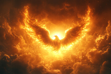 A majestic phoenix rises with wings spread wide, surrounded by a glowing halo of light. The halo symbolizes a new beginning and the eternal cycle of rebirth