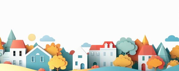 Whimsical paper-cut village illustration with colorful houses, trees, and clouds, perfect for art projects or graphic design elements.