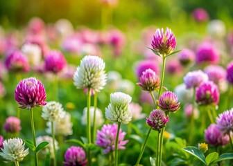 Fototapeta premium Vibrant pink, purple, and white clover flowers bloom in a lush, green meadow, with a shallow depth of field, capturing the delicate beauty of early spring.