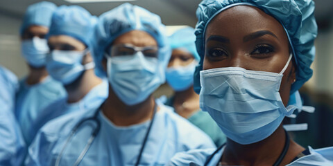 A diverse team of medical professionals in surgical attire, showcasing their commitment to patient care and the importance of teamwork in healthcare.
