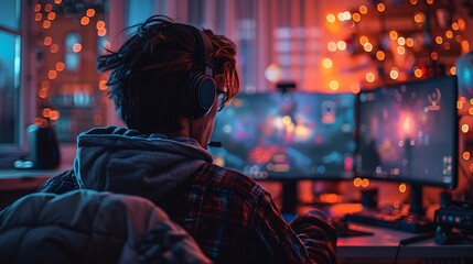 Fototapeta premium A male gamer deeply engaged in a game, with multiple monitors displaying various gameplay elements, a high-tech gaming chair, and RGB lighting casting a colorful glow in the room.