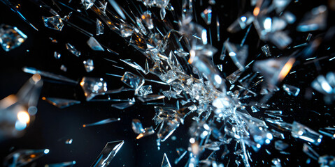 Dynamic glass texture featuring shattered pieces with bits and shards exploding in the air. Black backdrop contrasting with the fragments of broken glass pieces. Blur and bokeh motion effect