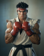 Illustration of street fighter in a combat-ready pose. Iconic figures, imaginary cosplayers: Japan's disciplined Karate vado ryu expert