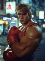 Illustration of street fighter in a combat-ready pose. Iconic figures, imaginary cosplayers: USA disciplined Karate ken Po expert
