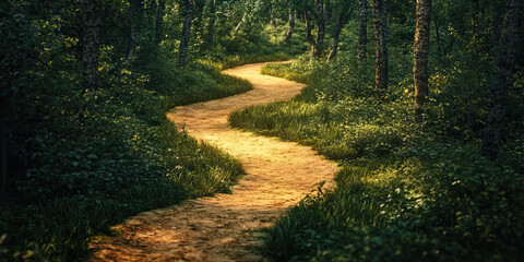 Obraz premium A New Path Unfolding: A winding dirt path stretches into the distance, leading to an inviting clearing in the woods