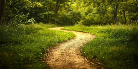 Fototapeta premium A New Path Unfolding: A winding dirt path stretches into the distance, leading to an inviting clearing in the woods