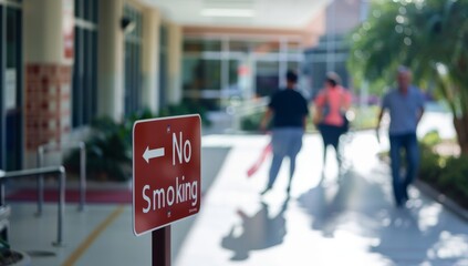 Obraz premium No Smoking Sign in Outdoor Courtyard with Blurred People Walking in Background