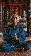 An elderly man sits in a peaceful posture, meditating inside a vibrant temple filled with spiritual statues