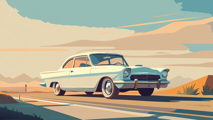 In front of the sunset, a classic car with a 1950s design speeds down a deserted road. The warm tones of orange and yellow in the sky contrast with the cool colors of the landscape