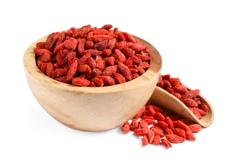 Dried goji berries in bowl and scoop isolated on white