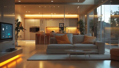 Naklejka premium Smart Home Integration: Advanced Technology in Modern Living, modern home equipped with various smart devices. 