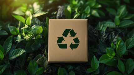 A recyclable cardboard box with a recycling icon, set against a backdrop of green leaves. Suitable for campaigns focused on biodegradable packaging.