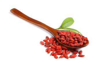 Dried goji berries, leaf and spoon isolated on white