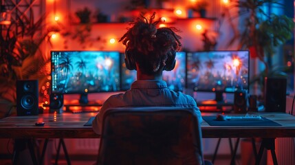 Fototapeta premium A nighttime streaming session with a gamer focused on the screen, surrounded by the soft glow of monitors and colorful RGB lights.