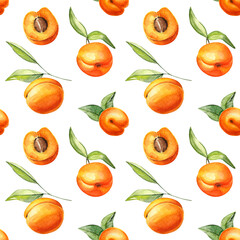 Watercolor seamless pattern with juicy apricots. Illustration for kitchen decor and textile. 