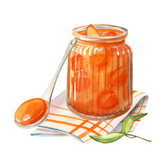 Watercolor hand-drawn illlustration with glass pot. Apricot jam in a spoon. Food art with kitchen towel. 