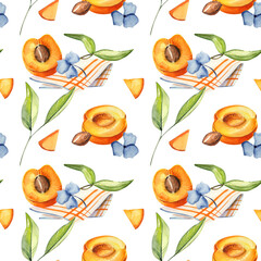 Watercolor seamless pattern with hand-drawn apricots. Fresh apricot with leaves, flowers and kitchen towel. Illustration for kitchen decor and textile. 