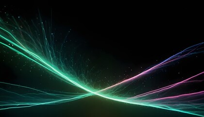 Abstract image of glowing green and purple lines forming waves against a black background.