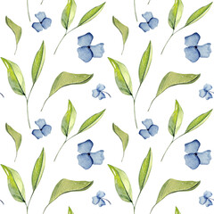 Watercolor seamless pattern with green leaves and blue flowers. Botanical illustration. 