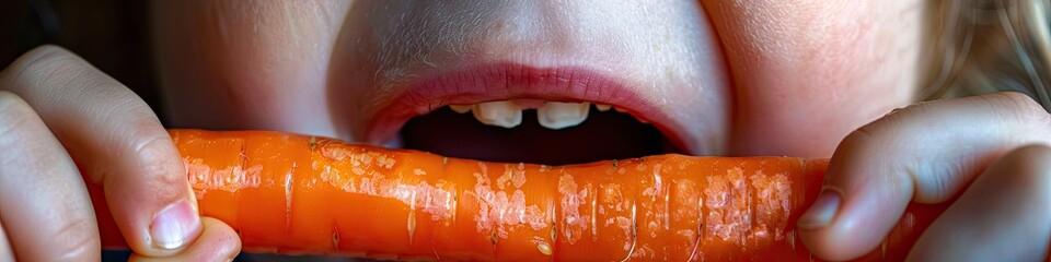 Obraz premium the child eats a fresh carrot. Selective focus
