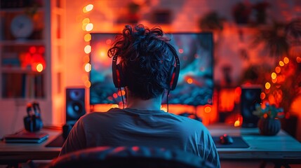 Fototapeta premium A sleek, minimalist gaming studio with a male gamer focused on his screen.