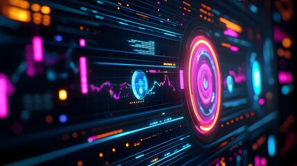 Fototapeta premium Futuristic AI Analytics Dashboard for Data-Driven Decision-Making with Copy Space