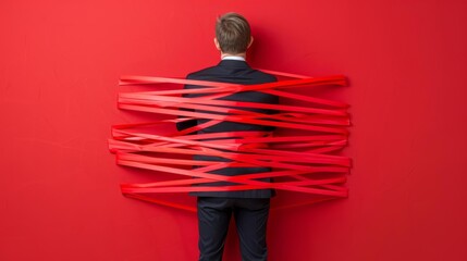 Man trapped in a web of red tape, representing bureaucratic debt issues