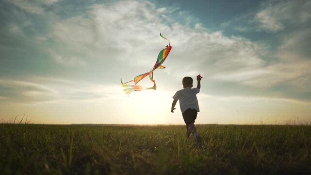 Child fun running in park meadow. Joyful child plays in open meadow. Kid running freely enjoying fun park. Scenic sunset park meadow. Happy child having fun in nature. Child joyful run in park.