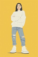 Fototapeta premium Minimalism illustration, an Asian woman, wearing an oversized sweater with distressed jeans and platform sneakers, standing with her arms crossed, streetwear fashion, flat illustration on pastel 