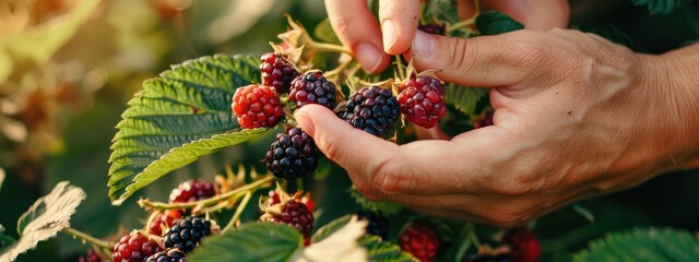 close-up of blackberry picking. Selective focus