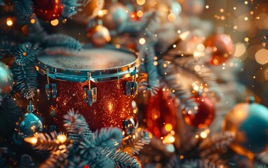A festive, close-up view of a red drum nestled among Christmas decorations and lights, capturing the spirit of holiday celebration.