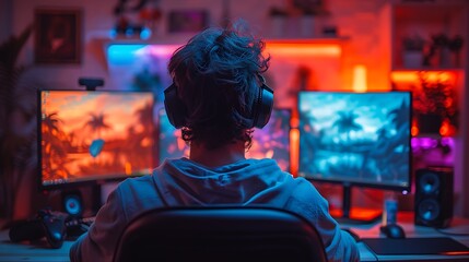 Fototapeta premium An ultimate gaming desk setup with a male gamer, featuring dual monitors, a high-back gaming chair, a professional microphone, and a game controller.