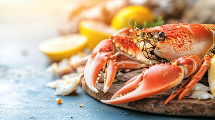 A vibrant cooked crab with lemons on a wooden platter