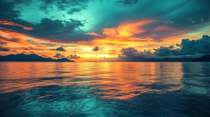 Stunning sunset over calm ocean with vibrant colors.