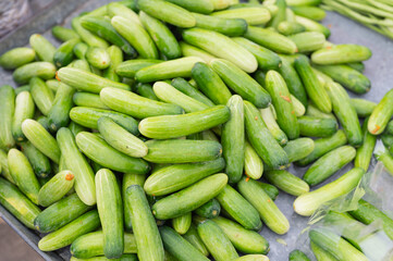 A large pile of cucumbers on a table. The cucumbers are green and appear to be fresh