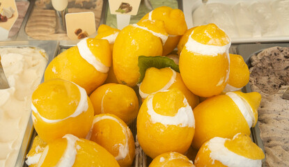 Many lemons filled with ice cream sorbet in Italy