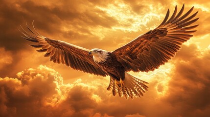 Majestic eagle soaring through fiery orange sunset sky