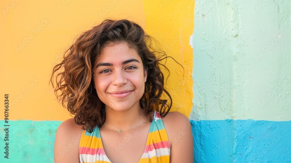 Poster happy hispanic young woman looking at the camera on a colorful background