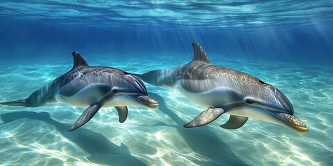Fototapeta premium Sea Sleuths: Two dolphins work together, using their sonar to locate hidden treasures on the ocean floor.